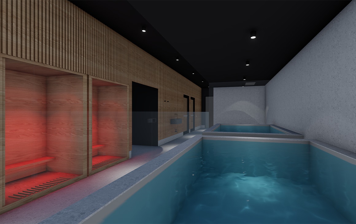 A render of a wellness room with a pool and saunas.